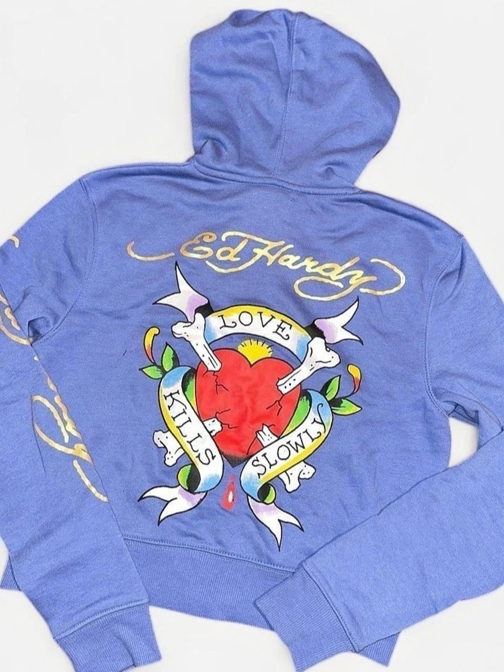 Ed Hardy Love Kills Slowly Cropped Zip Hoodie Blue Medium